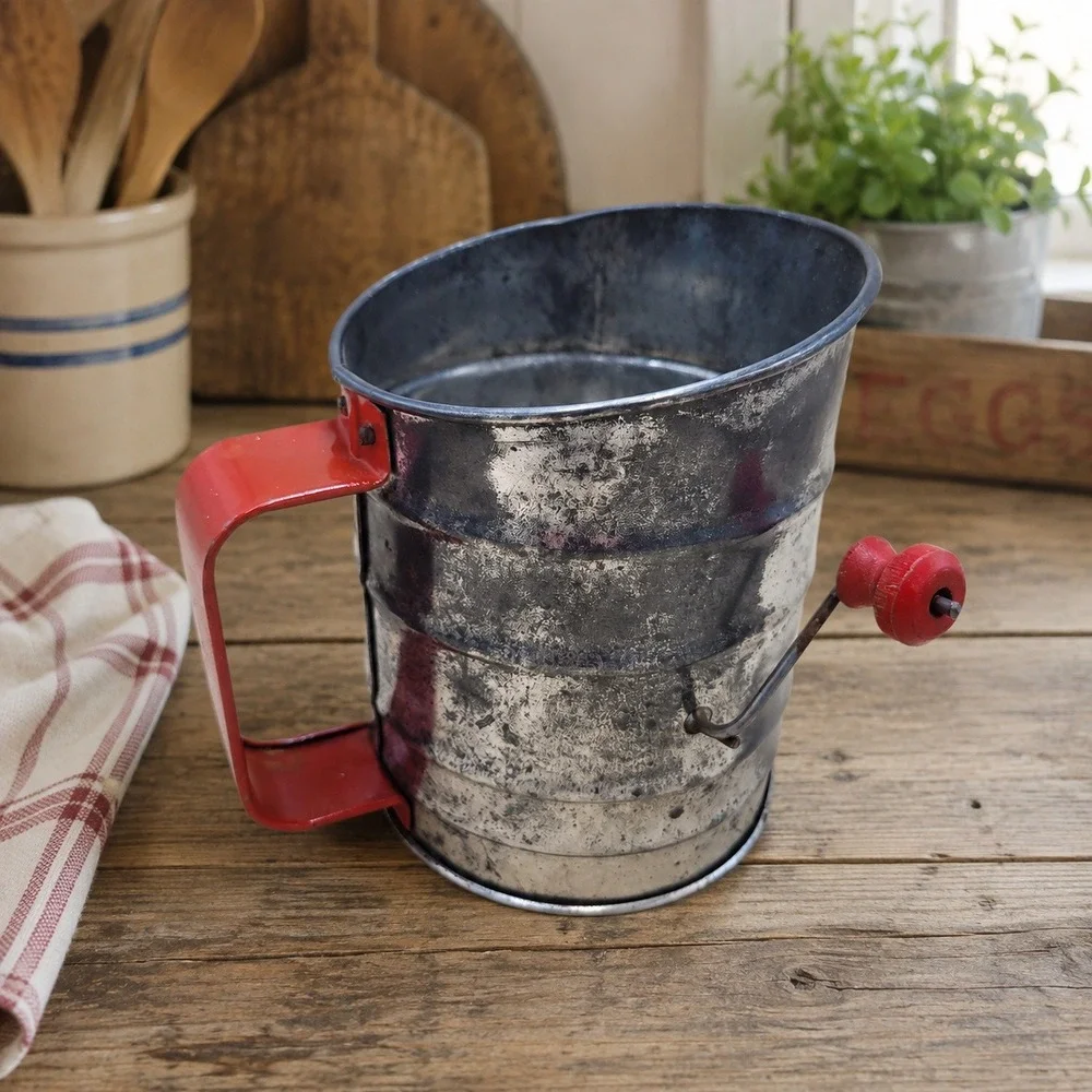 Vintage Tin Flour Sifter Red Handle Hand Crank 3 Cup Farmhouse Kitchen Decor